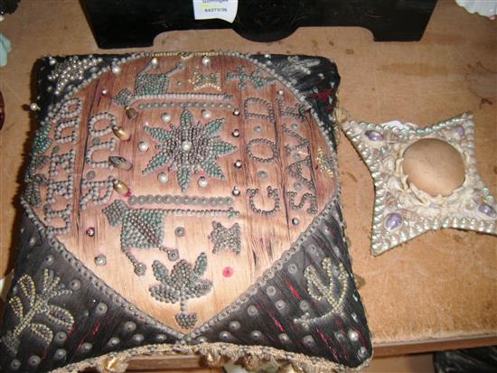 Victorian commemorative cushion, decorated beads, sequins, pins etc (a.f) & a star-shaped shellwork pincushion